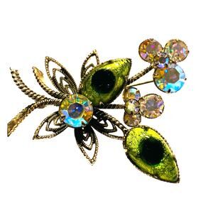 Vintage Mid Century rhinestone brooch ornate gold glass beads unique whimsical